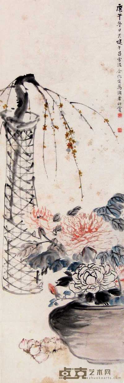 贺天健 郑午昌 孙雪泥 庚午（1930年）作 花卉 立轴 119×38cm
